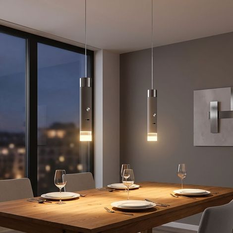 2 lampade a sospensione a LED per sala da pranzo, modello Touch, color sabbia e metallo, altezza 120 cm (1/5)