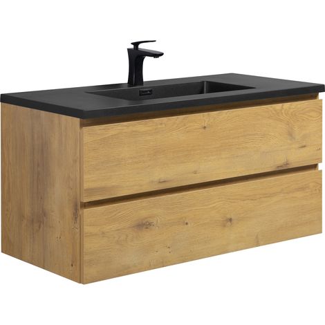 Badplaats – Meuble sous vasque suspendu 100 cm – 2 tiroirs softclose – Plan vasque noir en résine – Dimensions 100x48x52 cm (1/5)