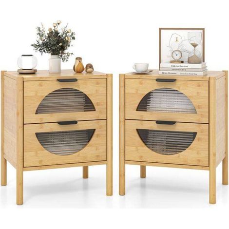 Accès facile au rangement, lot de 2 tables de chevet en bambou, 2 tiroirs, façades en verre trempé cannelé (1/5)