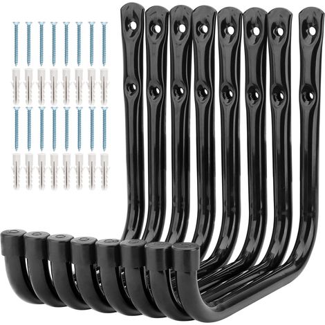 Lot de 8 crochets de rangement robustes pour échelle de garage - 17 cm - Fixation murale - Pour vélo, échelle, chaises pliantes et articles encombrants (17 cm x 17 cm) Noir (1/5)