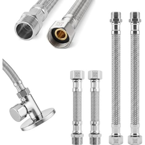 4 Pièces Tuyau Flexible 3/8, Flexible Robinet Cuisine 304 en Acier Inoxydable Tressé, Rallonge de Raccordement Eau Femelle Mâle pour Robinet, Lavabo, Salle de Bain et Cuisine, 10 cm/20 cm (1/5)