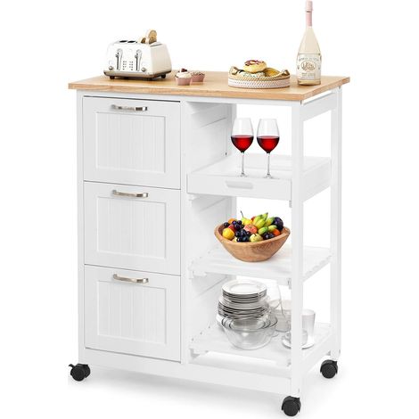 Goplus – Desserte de cuisine sur roulettes avec 3 tiroirs – Bois de caoutchouc et pin – Dimensions 67 x 37 x 83,5 cm – Plateau amovible et freins (1/5)
