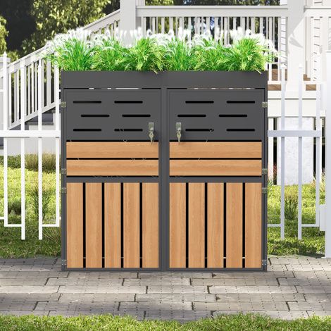 Armoire de jardin avec jardinière, rangement 2 compartiments, ventilation à lamelles, acier galvanisé, chaîne de sûreté – meuble de terrasse décoratif et pratique (sans bac à déchets) (1/5)