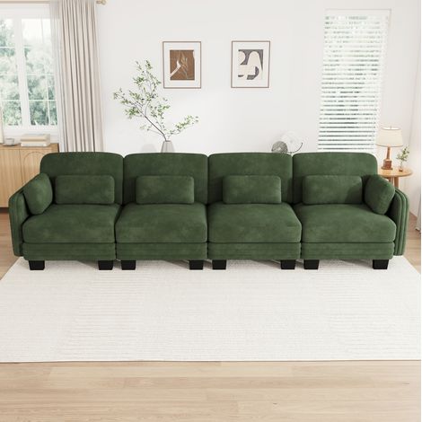 Canapé 4 places modulable en chenille avec cadre en bois, coussins lombaires, canapé droit pour salon et appartement, 330×88×88 cm, vert (1/5)