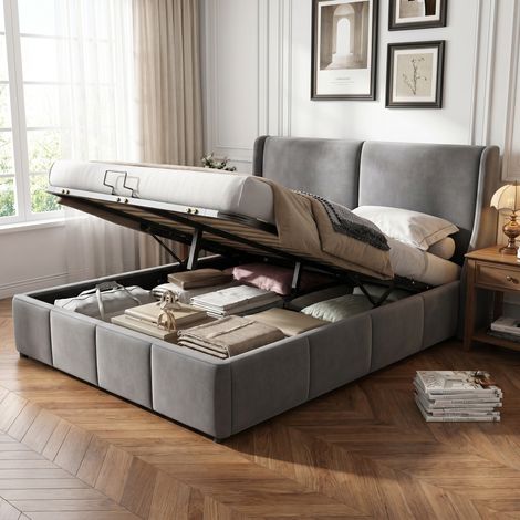 Lit coffre 140x190 cm avec sommier et rangement hydraulique - Structure capitonnée moderne - Velours- Gris
