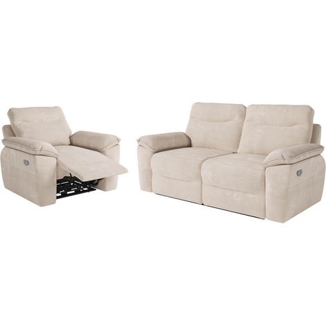 PACK - Canapé de relaxation ROSS électrique 3 places et fauteuil en velours côtelé - Beige