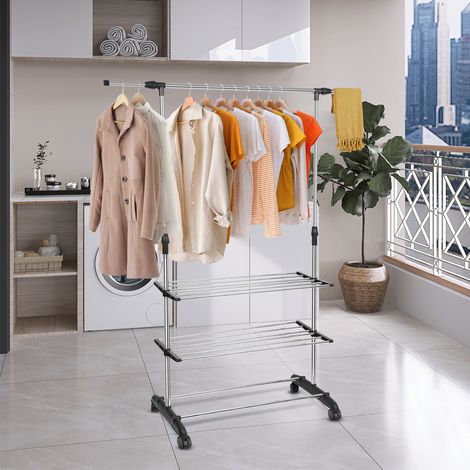 Hofuton Portant à vêtements porte-manteau en acier avec roulettes réglable en hauteur et largeur pour chambre et balcon accrocher vêtements, placer chaussures (1/5)