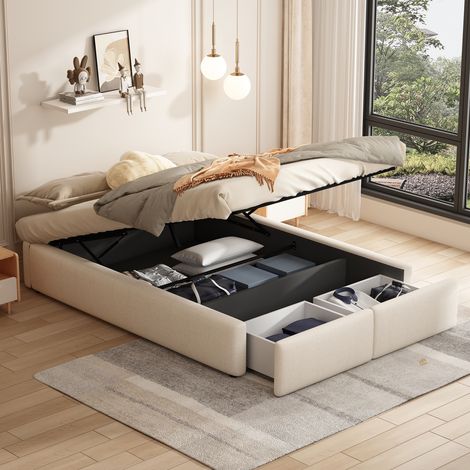 Polsterbett 140x200 cm - hydraulisches Boxspringbett - zwei Schubladen am Ende des Bettes - ohne Kopfteil - Stauraum - Bettwäsche – Beige