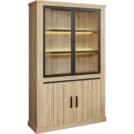 LORENZO - Argentier 4 Portes avec Leds Aspect Bois Chêne Clair Finition Frank (1/5)