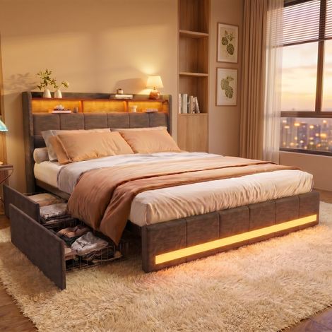 Lit avec tiroirs 180x200 cm avec éclairage LED RGB, ports USB et Type-C Moderne - Lin - Gris
