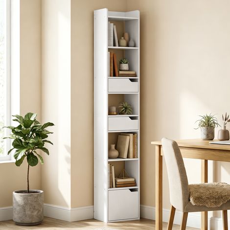 Bibliothèque/meuble de rangement étroit, 32 x 24 x 181,5 cm, avec porte, 2 tiroirs et compartiments ouverts, blanc (1/5)