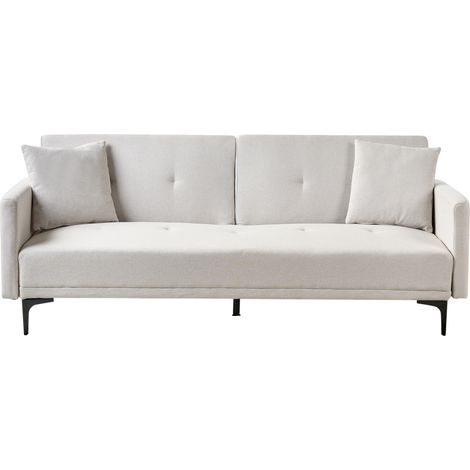 Sofá cama moderno con respaldo abotonado de 3 plazas patas de negras tela poliéster beige claro Lucan