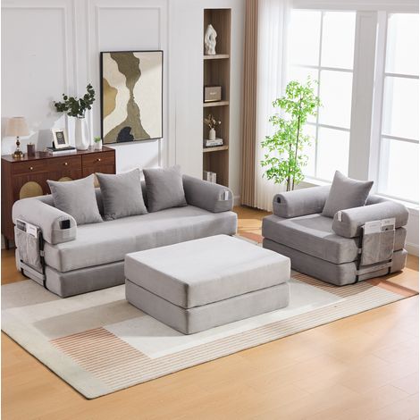 Canapé modulaire 4 places 200x94x67 cm gris clair en velours côtelé avec pouf et poche latérale (1/5)