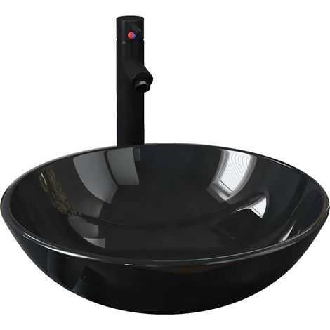 vidaXL Lavabo de baño grifo y desagüe de empuje vidrio templado negro (1/2)