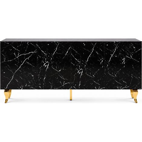 Buffet BAROQUE – Laqué Marbre Noir Pieds Doré – 4 Portes – 180x40x80 cm (1/4)