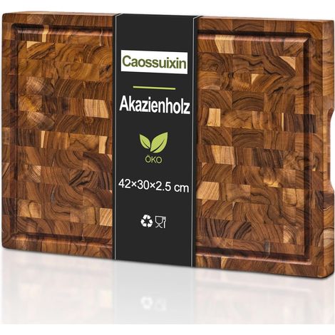 Grande planche à découper en bois avec toboggan à jus (42 x 30 x 2,5 cm) - Planche à découper en bois d'acacia massif - Planche à découper pour plaques de cuisine - Grande planche à (1/5)