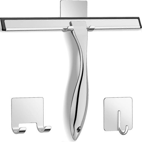 Raclette de douche multifonctionnelle en acier inoxydable avec 2 crochets adhésifs, adaptée aux portes de douche, aux outils de nettoyage de salle de bain et aux raclettes pour miroirs de fenêtre. EEb