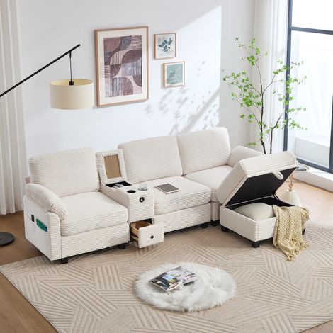 Canapé en velours côtelé beige 266x136x82 cm avec console mobile, USB-C et pouf coffre (1/5)