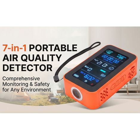 Tragbares Luftqualitätsmessgerät mit Stoppuhr, Sauerstoffdruck-, Temperatur- und Feuchtigkeitsanzeige, eingebauter Taschenlampe, orange. (1/5)