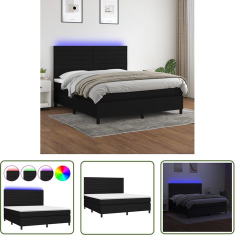 The Living Store Sommier à lattes de lit et matelas et LED Noir 180x200 cm Tissu - Sommier Tapissier - Lit Double - Matelas Led - Tête De Lit Ajustable - Éclairage LED (1/5)