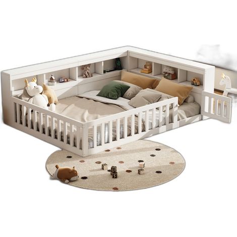 Banquette-lit 140x190 cm blanc avec rangement latéral, prises USB et sommier à lattes (sans matelas) (1/5)