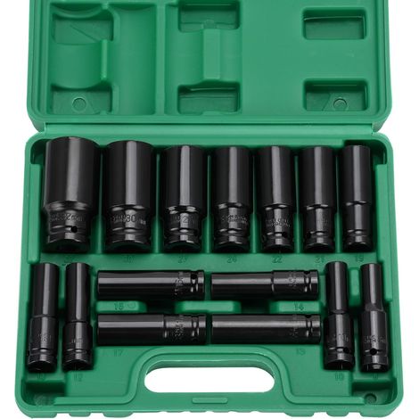 Jeu de Douilles à Choc 1/2" 15pcs, 6 Pans CR-V 8-32mm Douilles à Impact Métriques Profondes, Coffret douilles à chocs 1/2" avec Mallette de Transport, pour Réparation Auto (1/5)