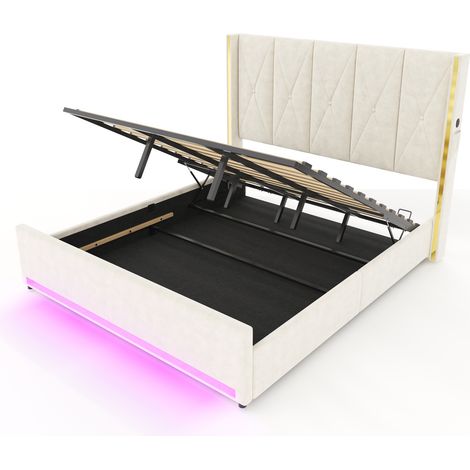 Lit coffre en velours beige 180x200 cm, tête de lit capitonnée, USB Type-C et LED (1/5)