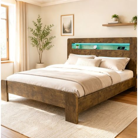 Cama moderna de madera vintage 180x200 cm con cabecero de almacenaje, LED y enchufes integrados