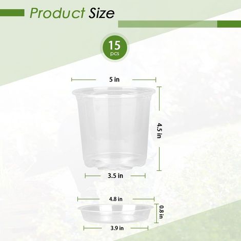 Cinque vasi da vivaio trasparenti da 12,5 cm con sottovaso e fori di drenaggio, confezione versatile per uso interno ed esterno. (1/5)