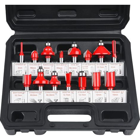 Fraises Defonceuse 6.35mm - Coffret de 15 Fraises en Carbure de Tungstène pour Travail du Bois, Précision et Durabilité