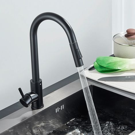 Robinet de cuisine noir à deux fonctions, mitigeur extractible à poignée unique, robinets d'eau chaude et froide, montage sur plage. (1/4)