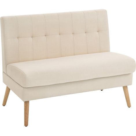 Sofá de 2 plazas con respaldo capitoné, patas de madera y efecto lino, beige HOMVRA (1/5)