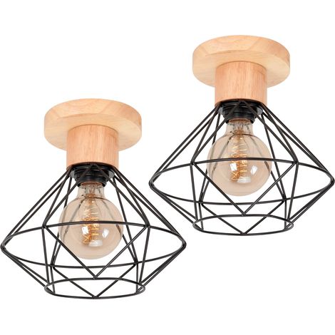 2 Pacchi Plafoniera Industriale in Legno Metallo Lampadario a Sospensione Retrò Gabbia E27 22cm per Corridoio Camera da Letto Cucina Sala (Nero) (1/5)