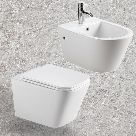 HOROW Toilette Wand Hänge WC + Bidet Toilette WC-Sitz Keramik spülrandlos SoftClose-Toilettendeckel