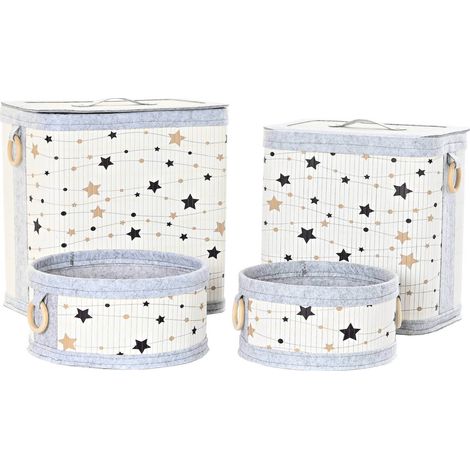 Panier élégant étoilé en bambou pour linge - Blanc avec motifs étoiles en gris et doré (1/5)