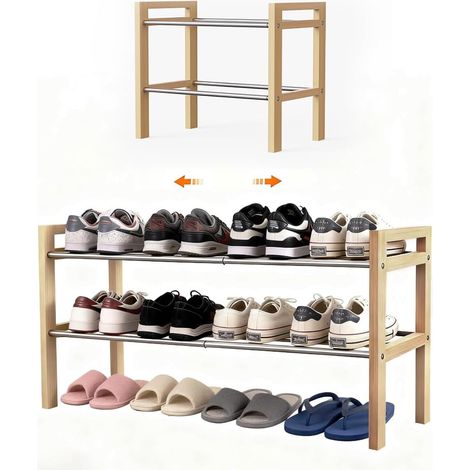 Étagère à chaussures en bois de chêne extensible à 2 niveaux en acier inoxydable, idéale pour les petites chaussures pour les espaces étroits, convient pour les entrées, les garages, les (1/5)