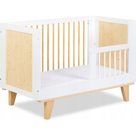 Lit bébé 120x60cm couleur Pin/Blanc LYDIE barreaux amovible et barrière de sécurité inclus (1/5)