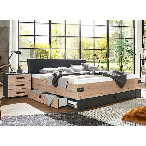 Lit adulte double + 2 chevets coloris imitation chêne/gris foncé - Longueur 189 x Profondeur 210 x Hauteur 96 cm -PEGANE-