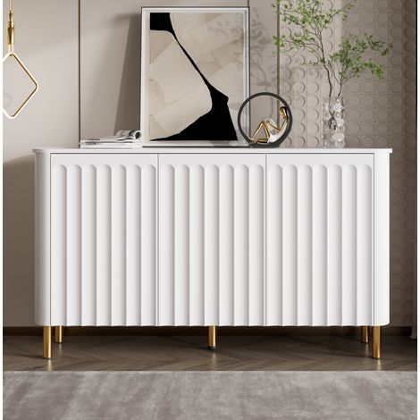 Credenza 135/36/78 cm bianca con 3 ante senza maniglie e rilievi decorativi (1/5)