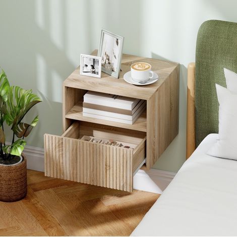 Wand-Nachttisch mit Schublade und offenem Fach, 40 x 39,5 x 35 cm, helle Holzoptik OKMYHOME (1/5)