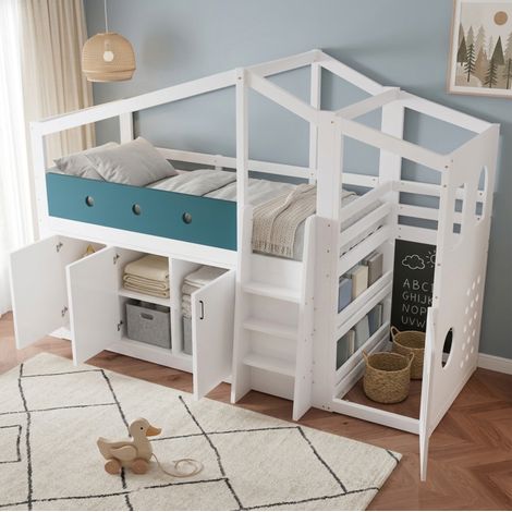 Letto a soppalco per bambini 90x200 cm, stile cabina con contenitore, area giochi e scaletta, per camera da letto, in legno bianco (1/5)