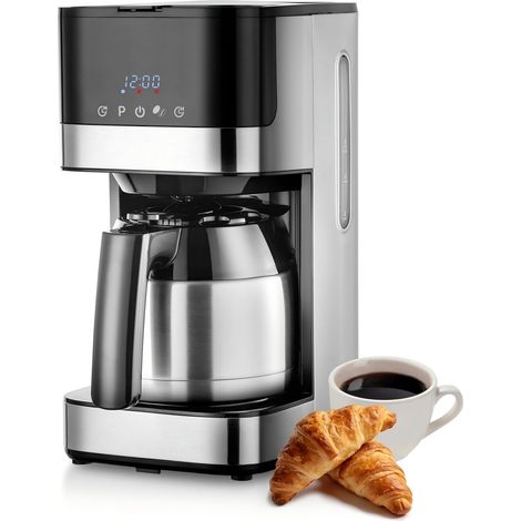 Machine à café en acier inoxydable avec minuterie, programmable 24 h, écran LED, plaque de maintien au chaud, arrêt automatique, système anti-gouttes, 900 W, cafetière à filtre avec carafe (1/5)