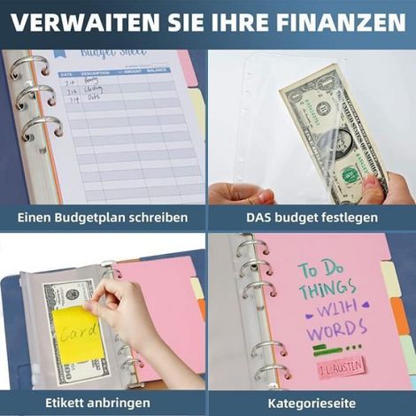 Classeur A6 - Anneaux Métalliques - Pochettes Zippées Transparentes - Feuilles Budget Autocollantes - Séparateurs Couleurs - 1 Pièce (1/4)