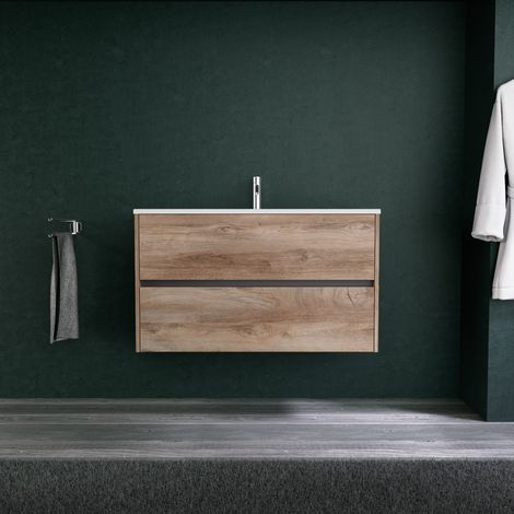 Inda - Badezimmerschrank 2 Schubladen L.100 mit mattem Waschbecken / Natureiche - Diamante