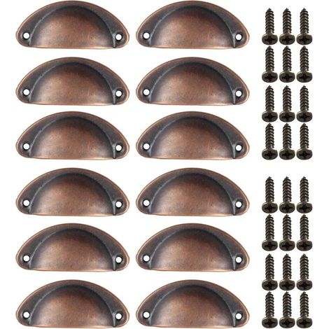 12 poignées coquille avec vis, 81 x 35 mm, poignées de tiroir, poignées de meuble, coloris au choix, coloris : cuivre antique (1/3)
