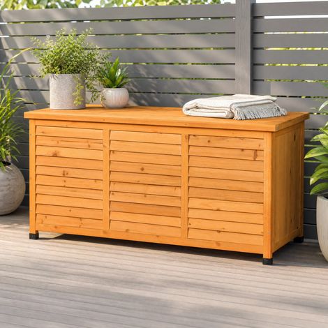 Coffre de jardin en bois pour coussins et outils, rangement extérieur ventilé avec couvercle relevable, banc d’appoint et boîte de rangement 127 x 56 x 60 cm, jaune – CHICFURN (1/5)