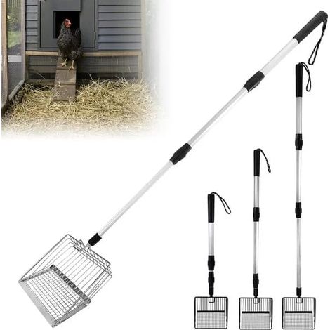 Pelle à déjections de poules 3 en 1 : pelle en métal extensible de 57 à 106 cm, détachable, avec manche extensible, pour chevaux, cochons et petits animaux, accessoires pour poulailler (1/5)