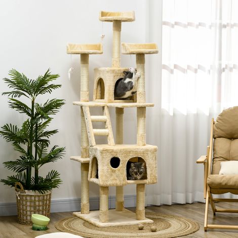 60x50x181 cm - Grand griffoir pour arbre à chat doté de griffoir Plateformes multiples Escaliers Grottes Jouets Centre d’activités beige (1/4)