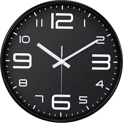 Wanduhr  Schwarzes Gehäuse  Schwarzer Hintergrund  Weiße Ziffern  30 cm (12 Zoll)  Lautlos
