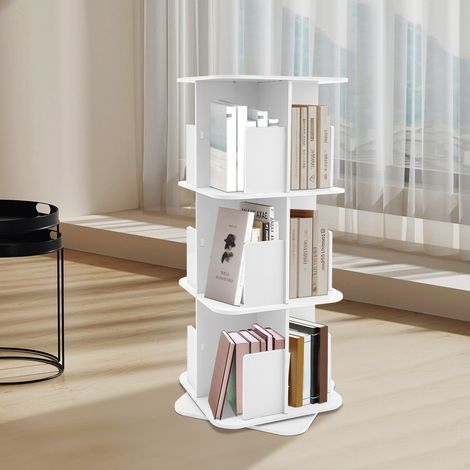 Étagère blanche à trois niveaux pivotant à 360 degrés Étagère à base carrée Petite bibliothèque d'angle Bibliothèque au sol (1/5)